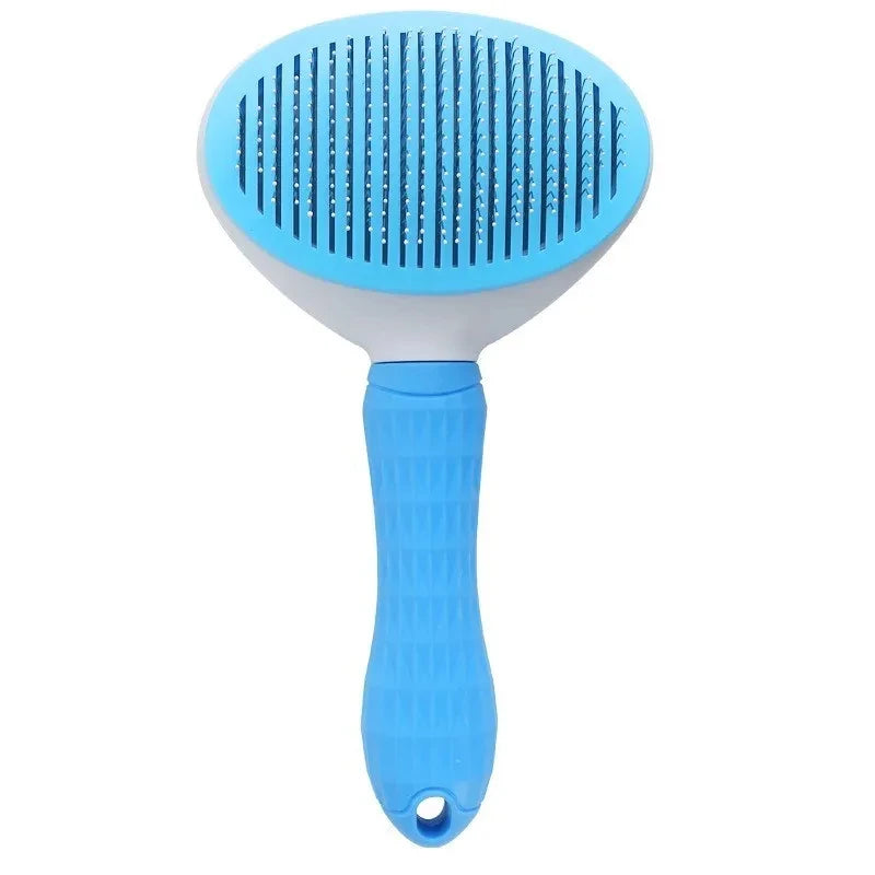 Blue self-cleaning pet slicker brush with a textured, ergonomic handle and fine wire bristles.