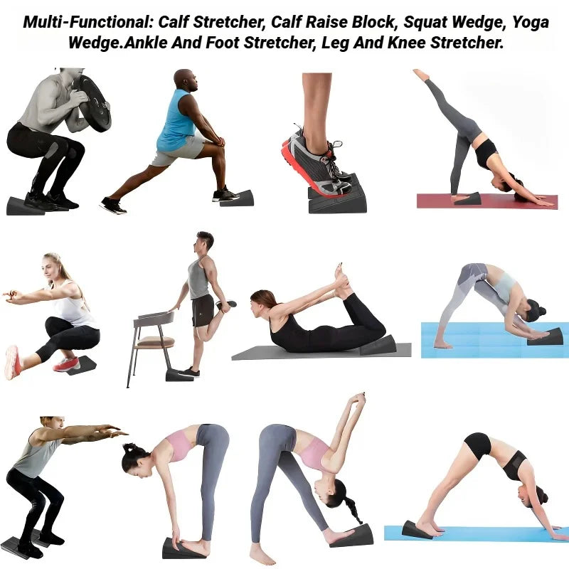 Collage showing people using a black, wedge-shaped foam block for squats, calf stretches, and yoga poses.