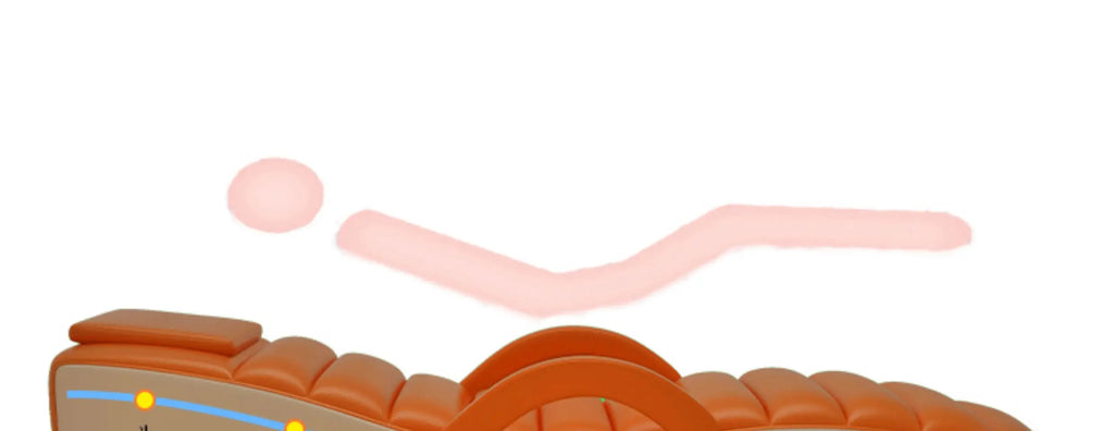 An orange professional massage bed with a curved, cushioned surface and built-in storage underneath.