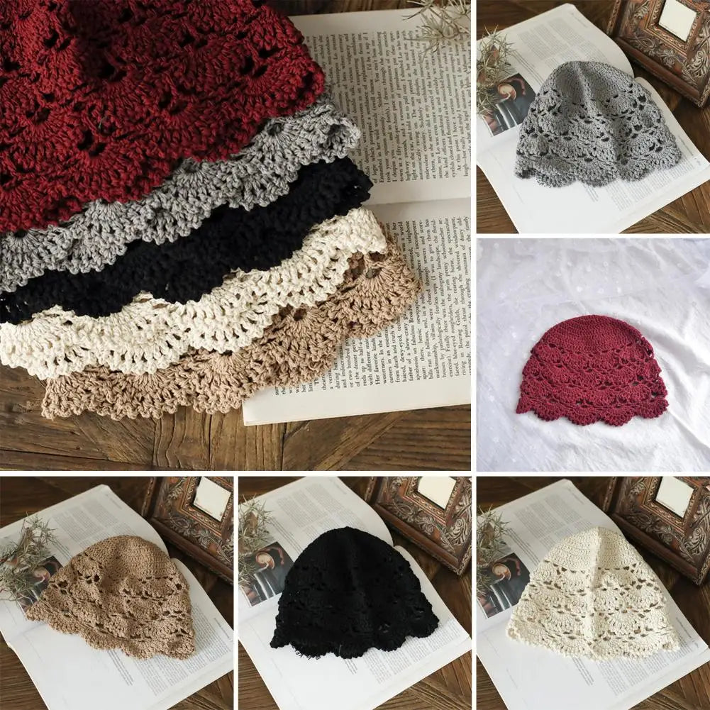 A collection of women's hollow crochet lace hats available in burgundy, grey, black, beige, and cream.