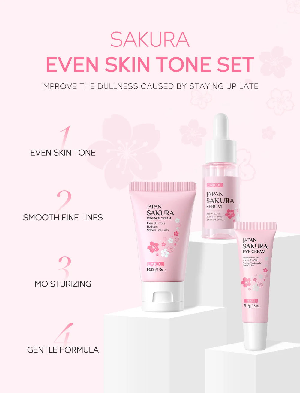 Pink skincare set featuring hydrating serum, essence cream, and eye cream to brighten, smooth, and moisturise skin.