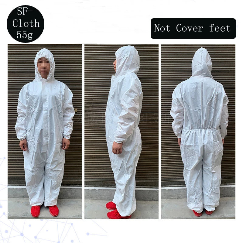 White protective coverall with hood, 55g SF fabric, front zip, elastic cuffs, and no foot covers. Shown from all angles.