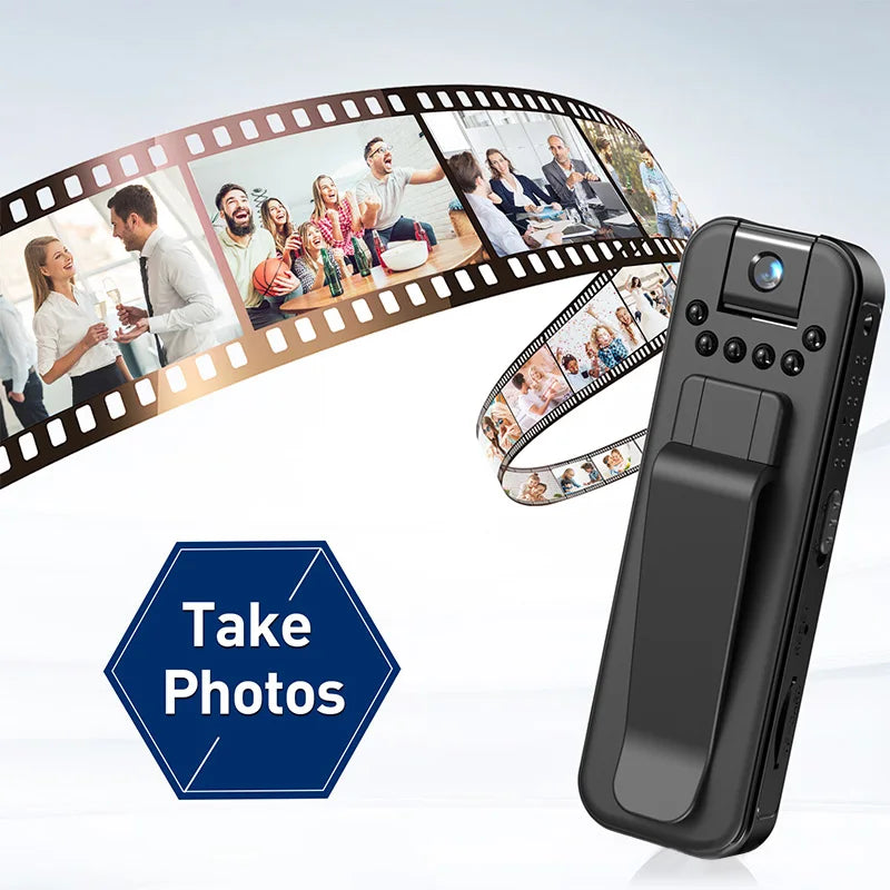 Black portable mini camera made of plastic with a belt clip and camera lens, floating against a film strip background.