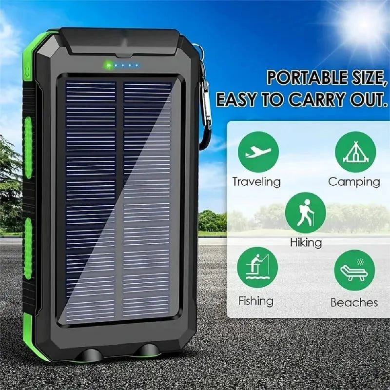Black and green rugged solar power bank with built-in LED charging indicator and carabiner clip.