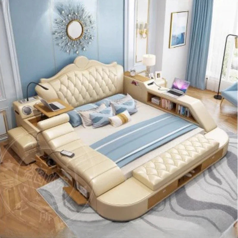 Cream modern storage double bed with tufted headboard, integrated shelving, pull-out desk, and under-bed drawers.