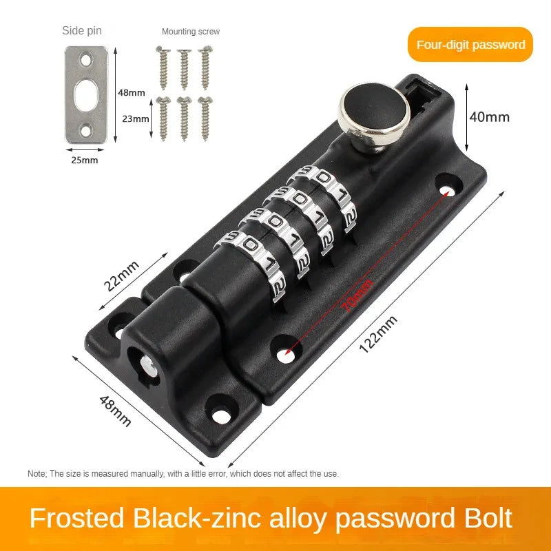 Black zinc alloy sliding bolt latch with four-digit combination lock, including mounting screws and side pin.