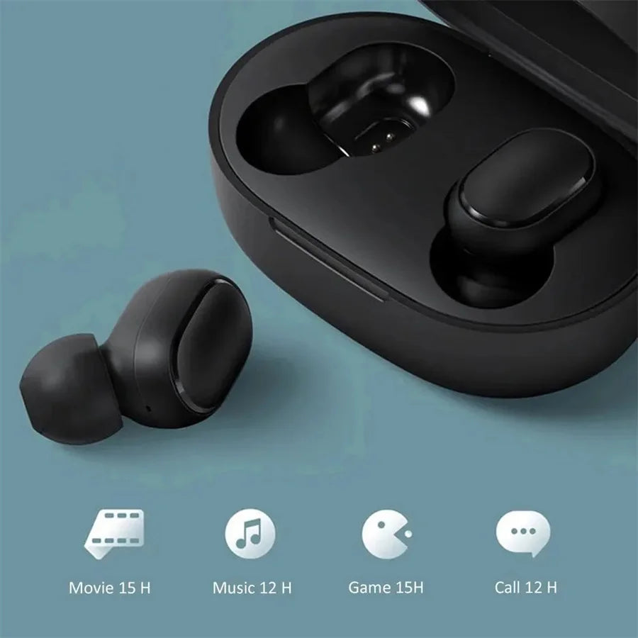 Matte black wireless earbuds with a matching charging case on a blue background, featuring battery life icons below.