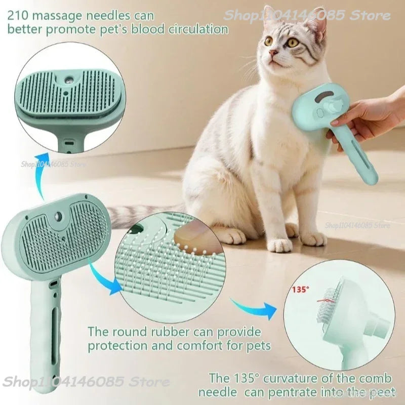 A mint green pet grooming brush with 135-degree angled massage needles, shown grooming a tabby cat.