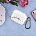 Personalised clear silicone AirPods Pro case with a black carabiner, featuring the name 'Jordana' in black script.