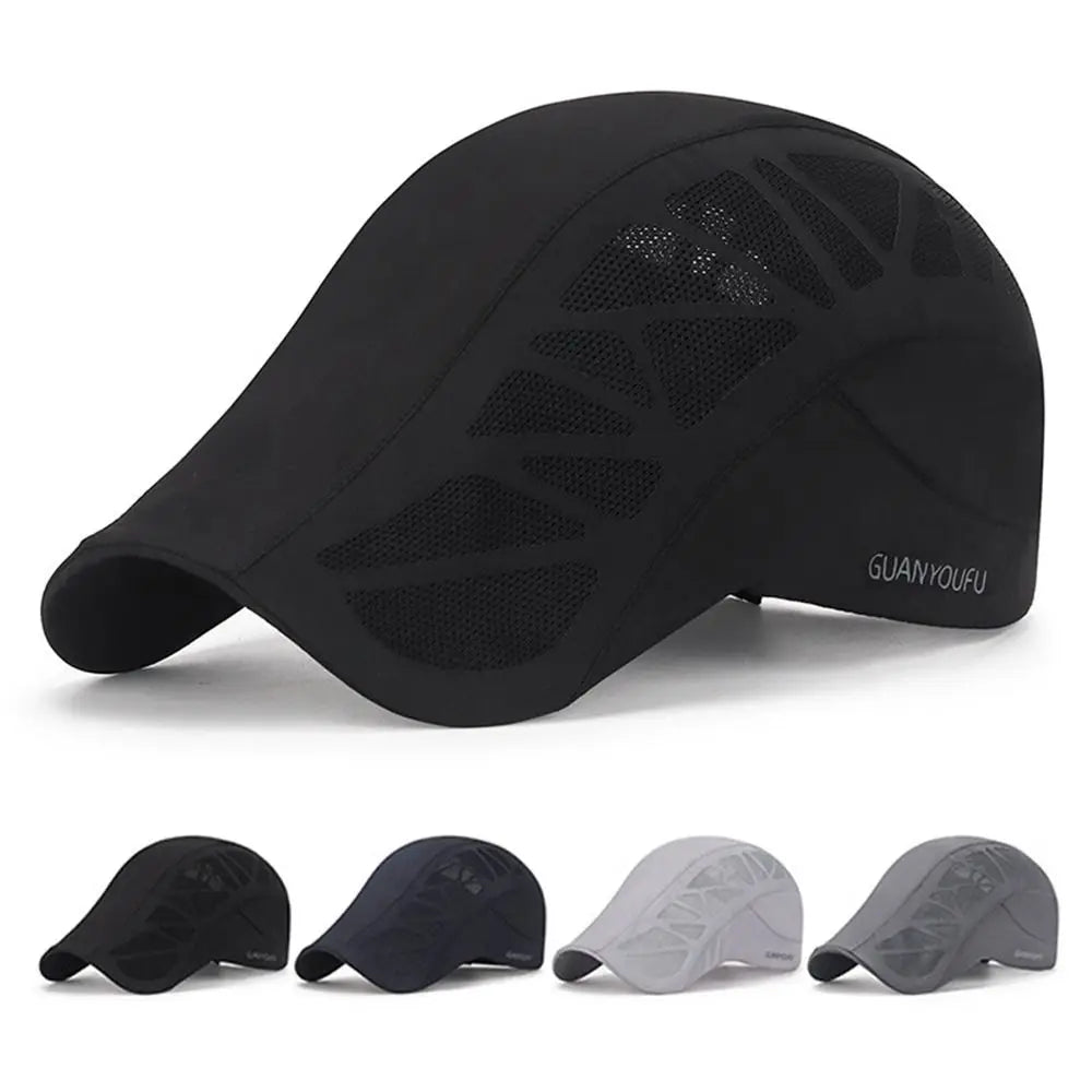 Black men's flat cap featuring a modern geometric mesh panel design for ventilation. Available in various colours.