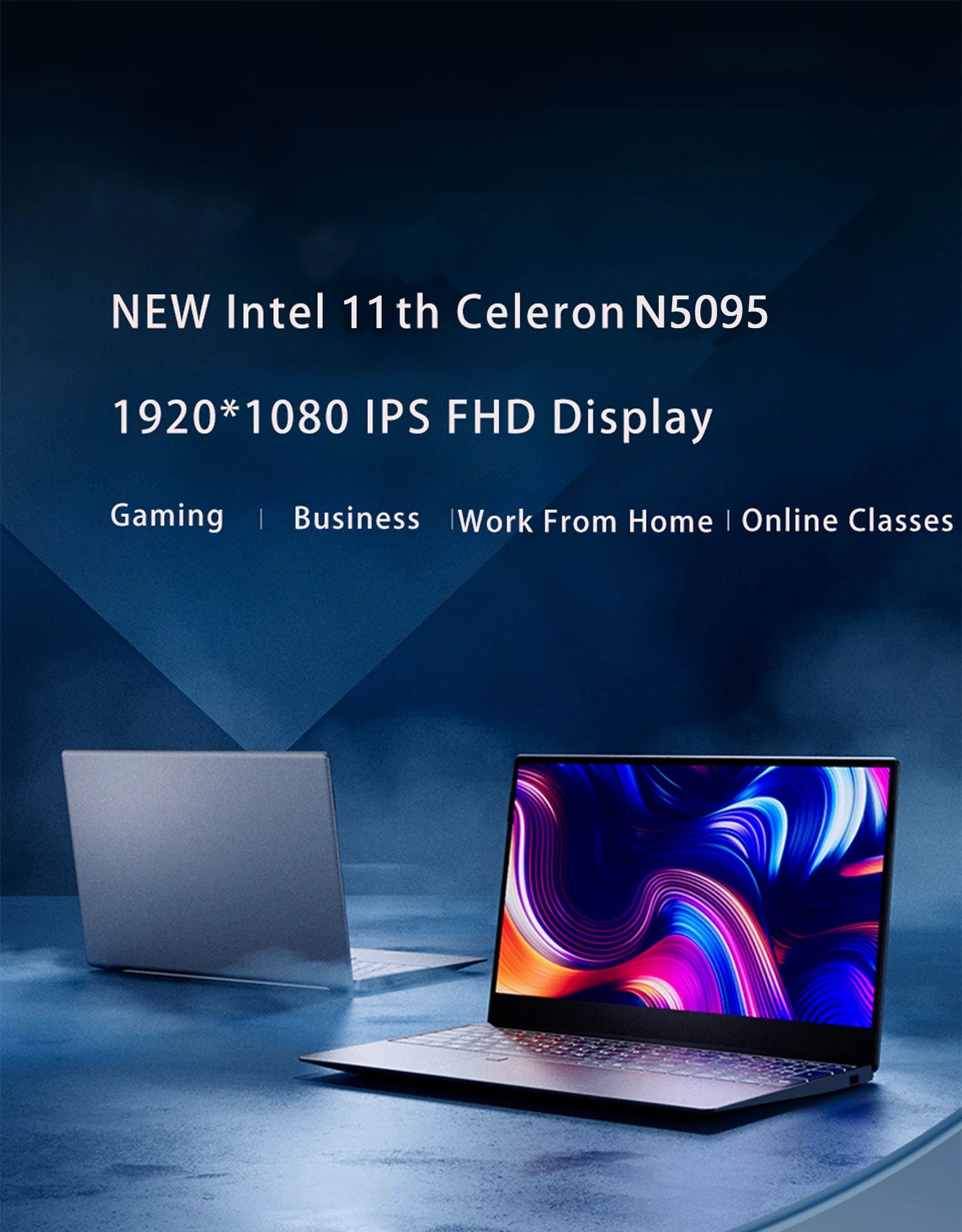 Two grey laptops on a blue background. One is open showing a vibrant, abstract, multi-coloured screen display.