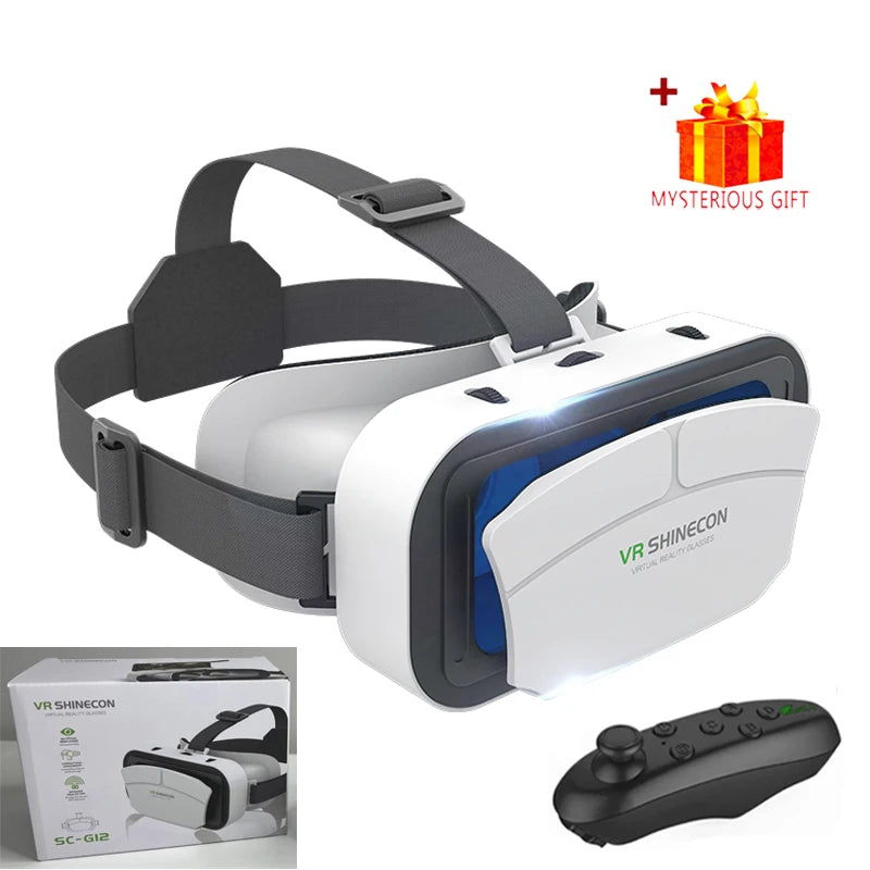 White and grey smartphone VR headset with adjustable head straps, remote controller, and a gift box.