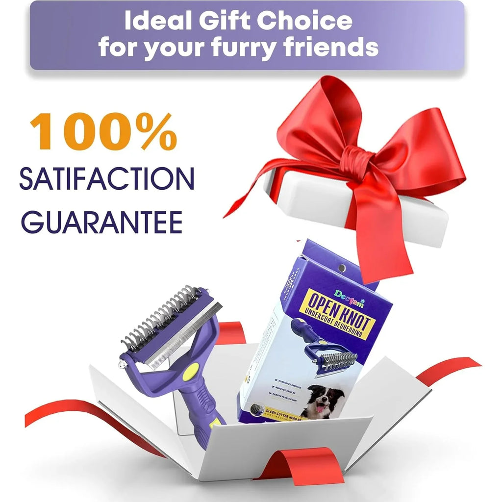 Purple pet grooming rake with dual-sided metal blades alongside its branded packaging in a gift box.