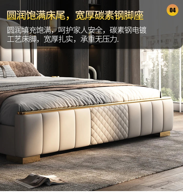 Minimalist cream upholstered bed frame with vertical panelling, quilted detail, and gold-toned metal feet.
