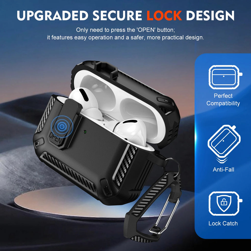 Black rugged AirPod Pro case with carbon fibre details, secure locking button, and matching carabiner clip.