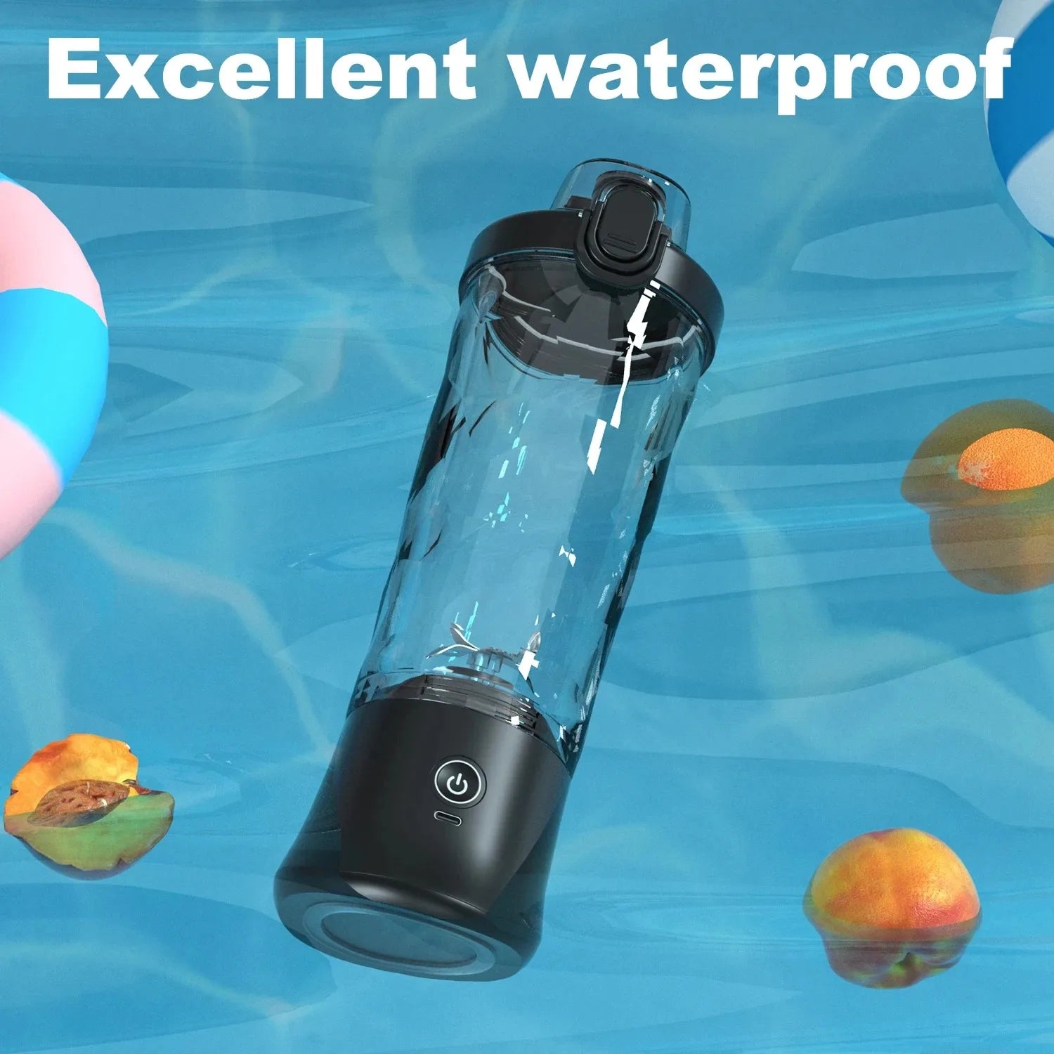 A portable, waterproof, clear and black electric blender bottle featuring a power button, shown against a blue background.