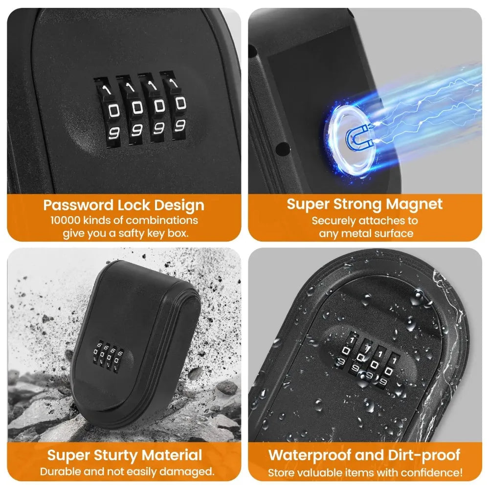 Black plastic key lock box with a four-digit combination dial, magnetic back, and water-resistant design.