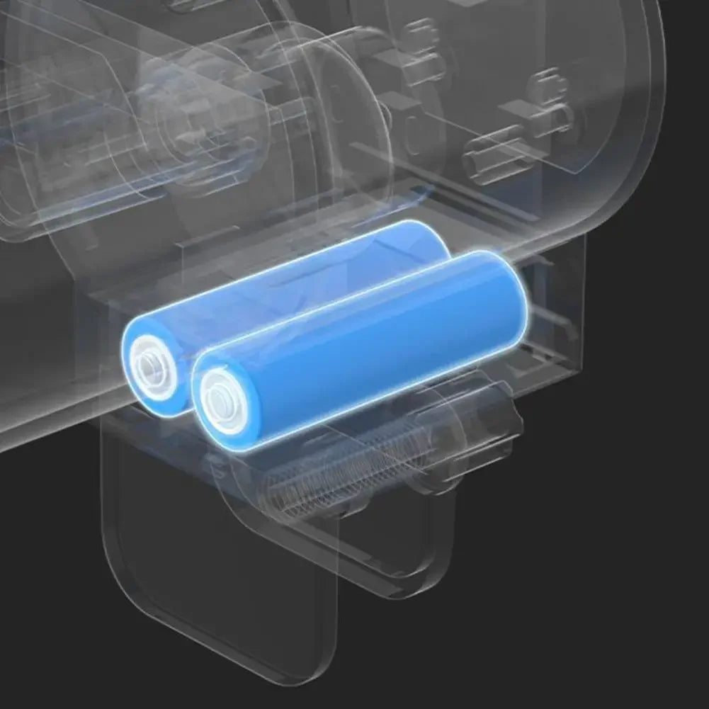 Two blue cylindrical batteries highlighted inside a transparent technical device housing on a dark background.
