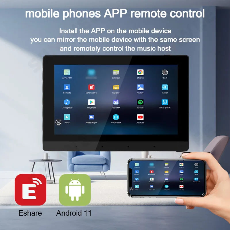 7-inch black in-wall Android smart amplifier with touchscreen display, shown being controlled via a mobile phone app.