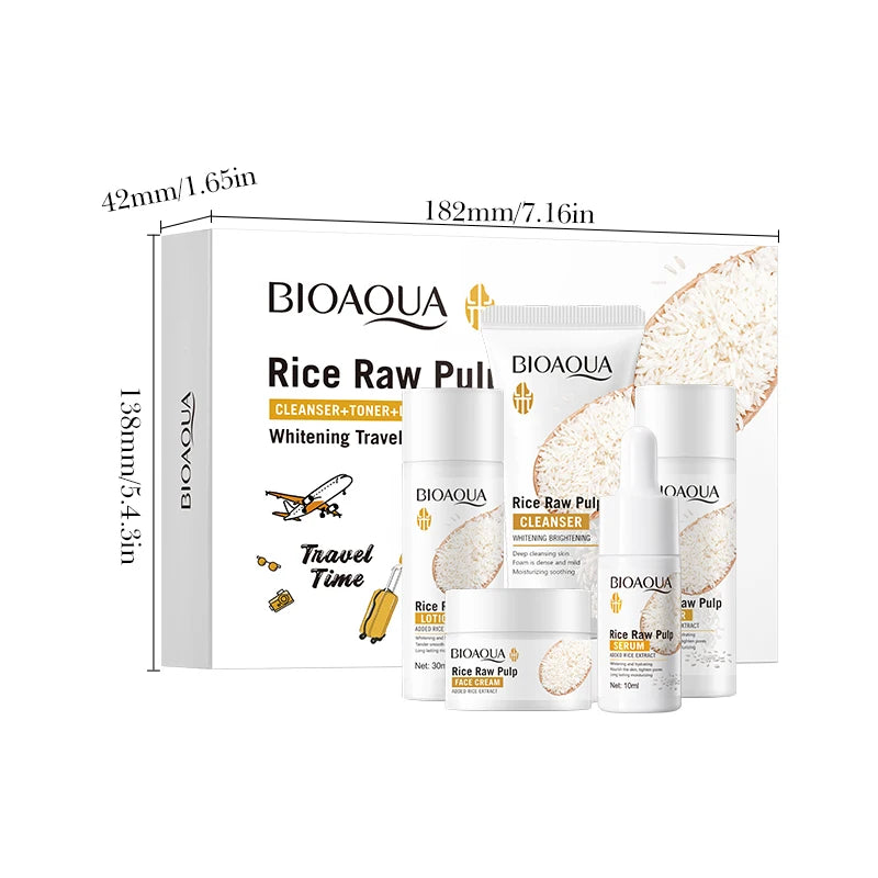 Whitening rice skincare travel kit with cleanser, toner, lotion, serum, and cream in a white gift box.
