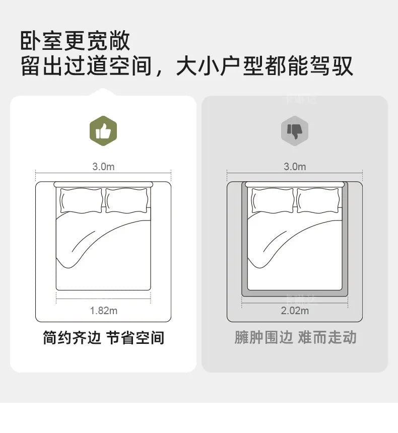 A diagram comparing a space-saving minimalist bed frame to a bulky frame, highlighting the benefit of extra floor space.