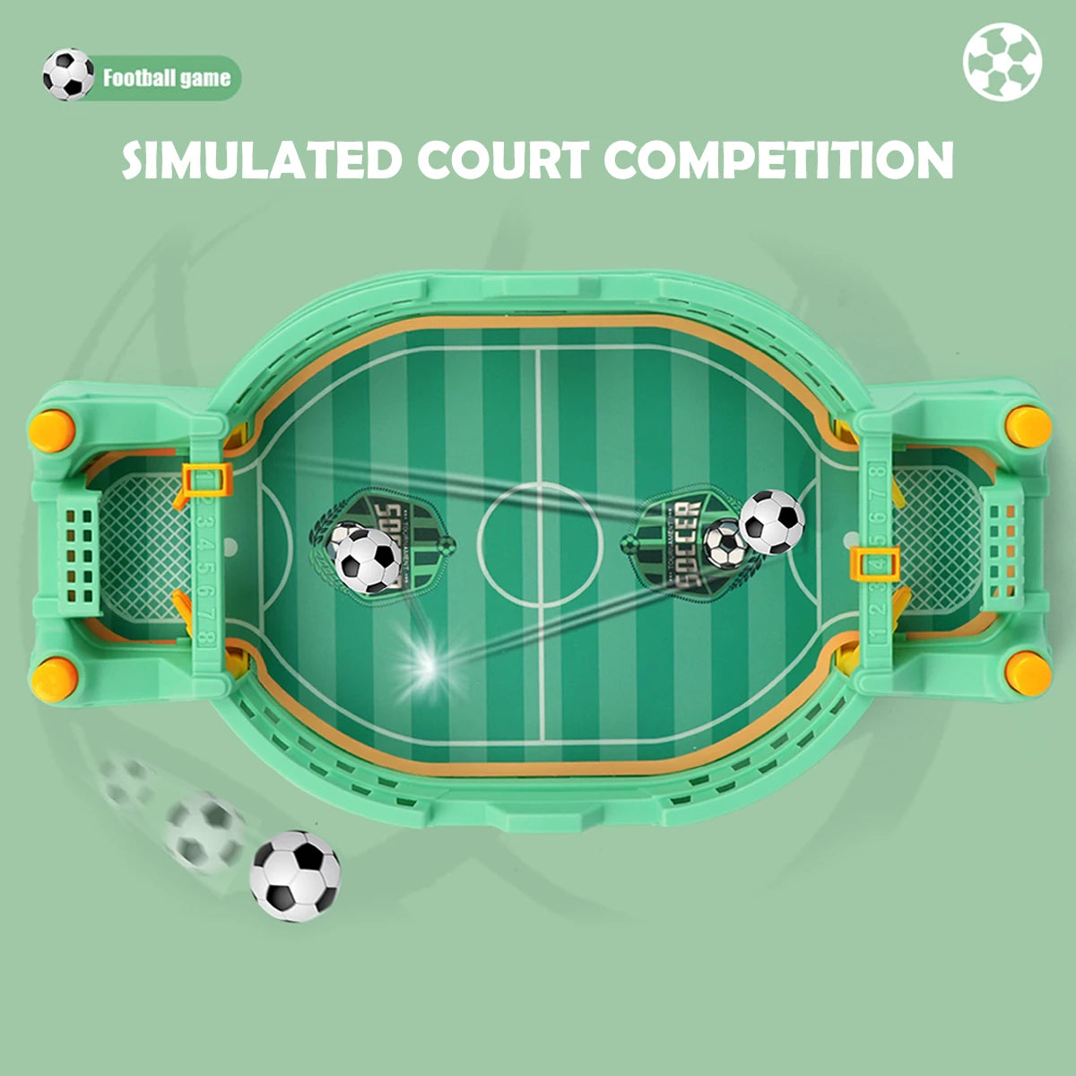 Tabletop football game in pastel green with a striped pitch, nets, score sliders, and included miniature footballs.