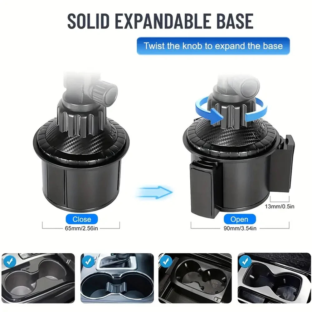 Black car cup holder expander with adjustable base, twist-to-expand mechanism, and textured top. Fits 65mm-90mm bases.