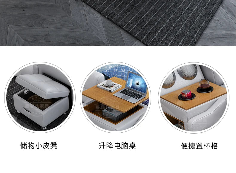 Modern grey double bed featuring a storage ottoman, integrated lift-up laptop desk and built-in cup holders.