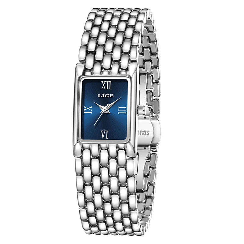 Elegant ladies' square watch with a blue sunray dial, silver Roman numerals, and a polished stainless steel link strap.