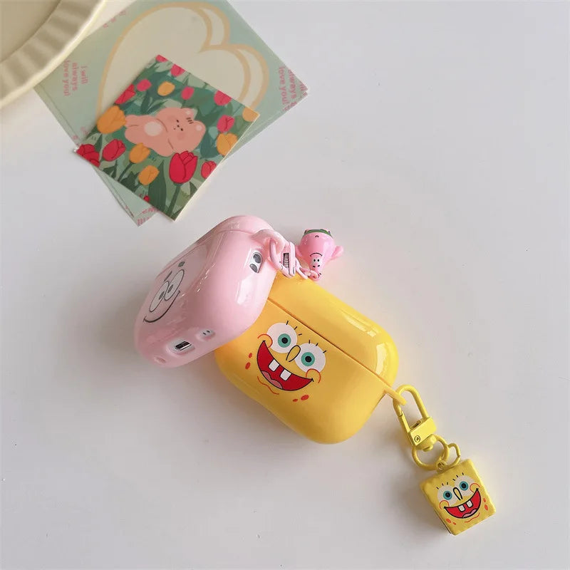 Glossy silicone AirPods Pro cases featuring SpongeBob and Patrick with matching character charms.