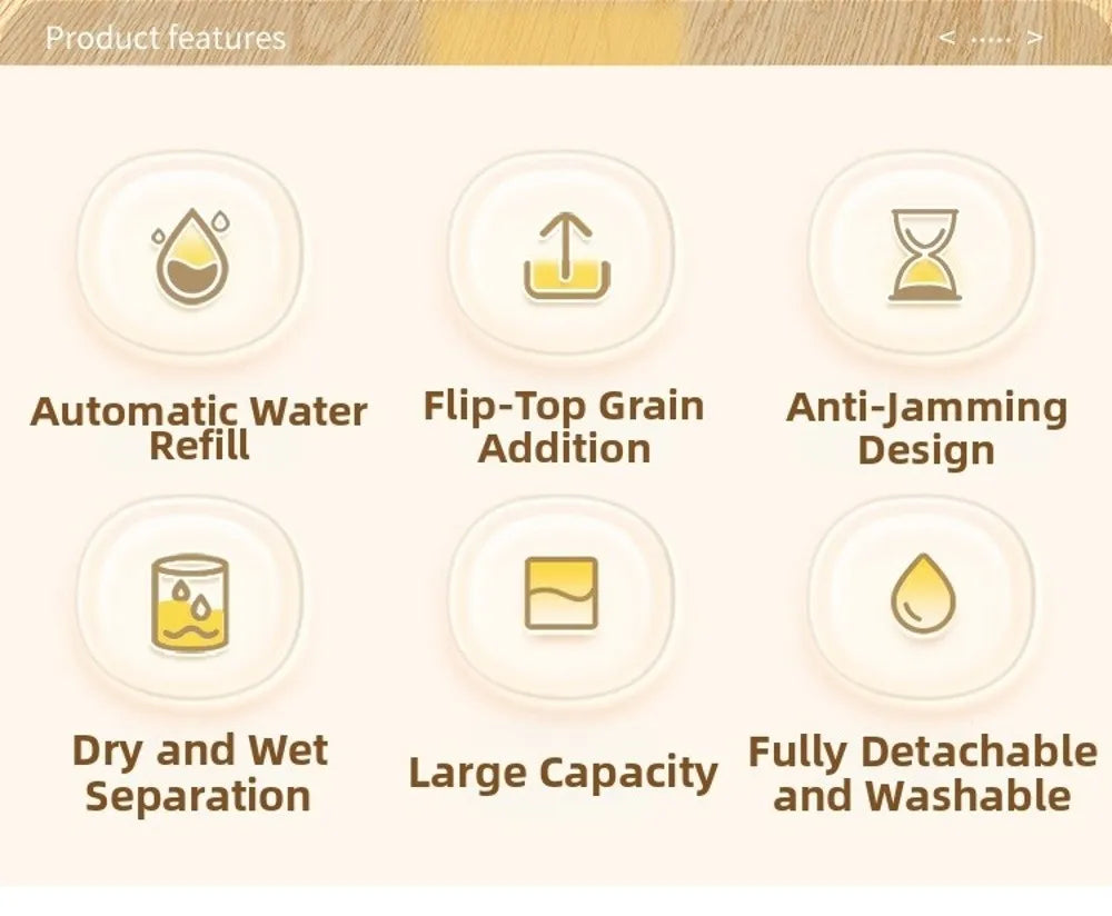 Infographic with six beige icons and brown text detailing product features for an automatic pet feeder.