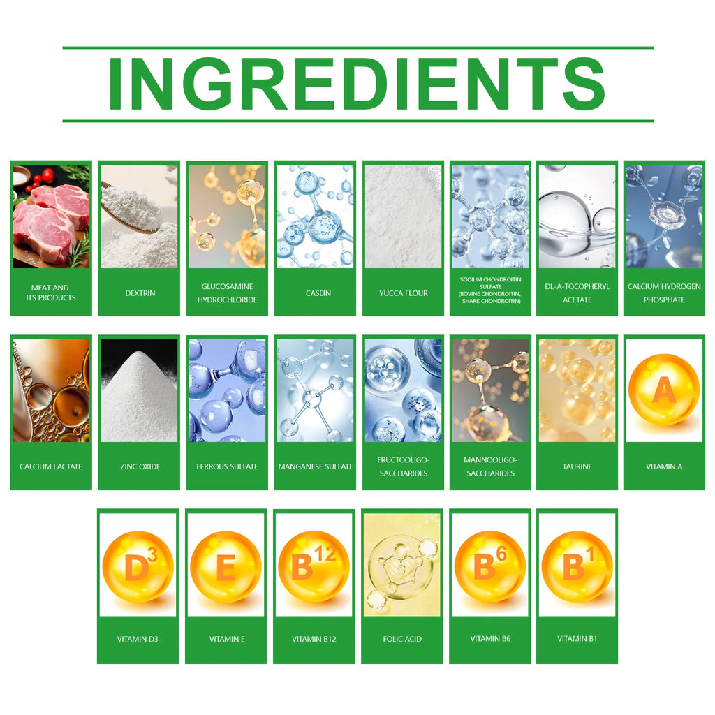 Grid showing a list of pet food ingredients, including vitamins, minerals, and proteins, with illustrative icons.