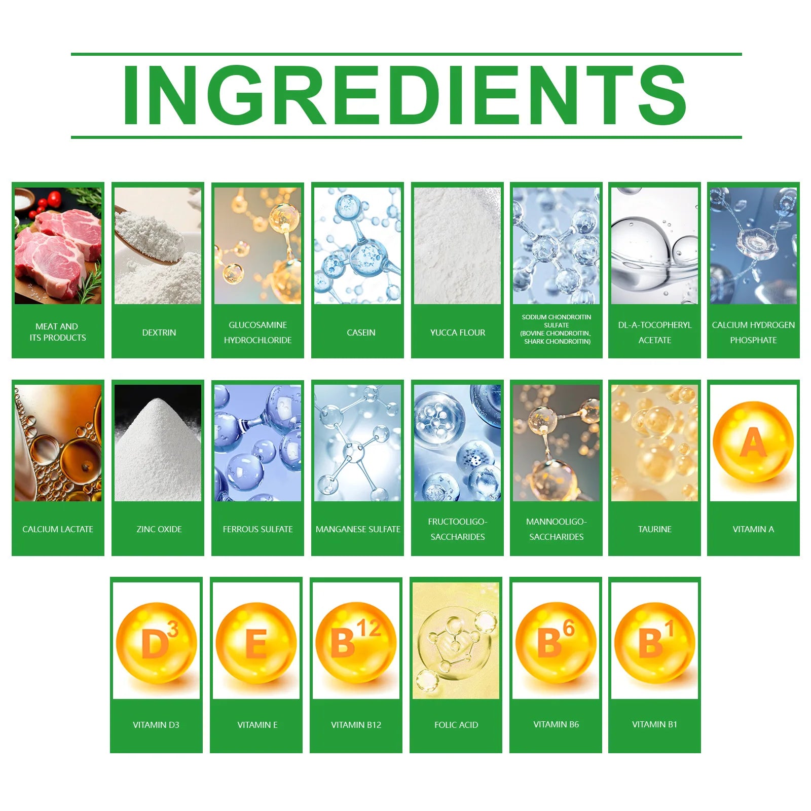 Grid showing a list of pet food ingredients, including vitamins, minerals, and proteins, with illustrative icons.