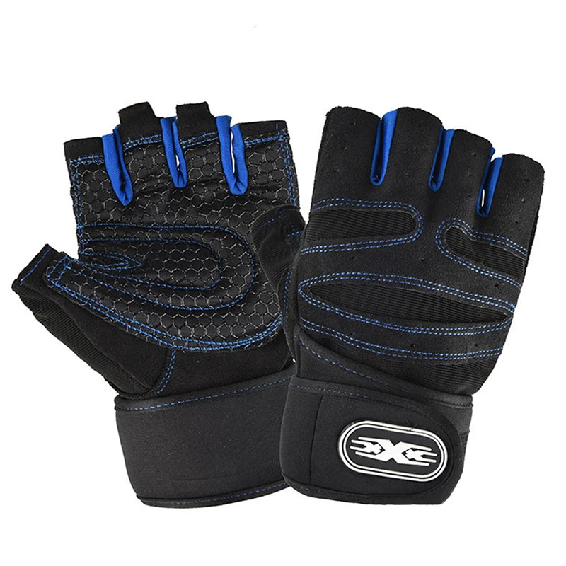 Pair of black and blue fingerless gym gloves with wrist wraps and textured palm padding.