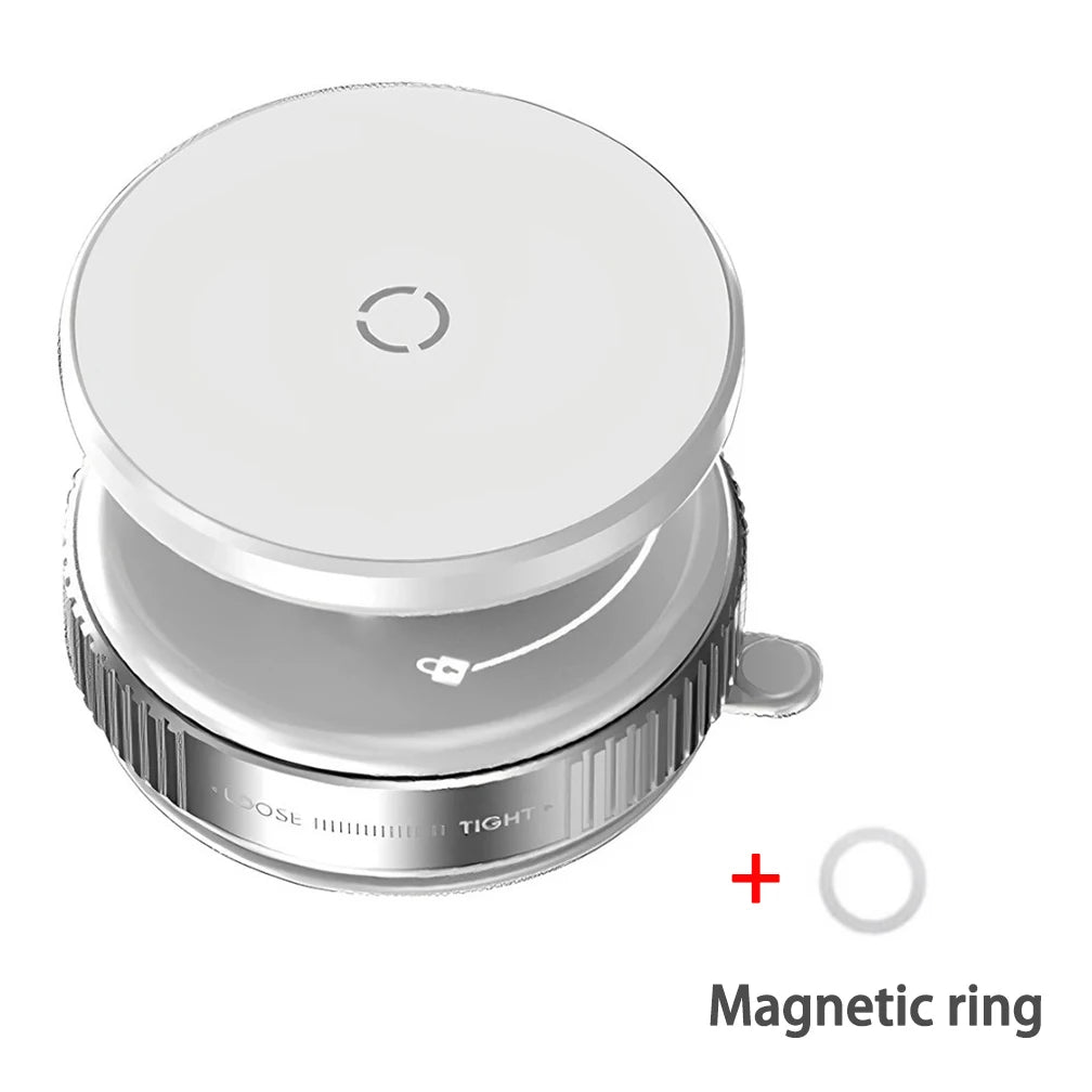 White circular phone holder with adjustable tightening dial and an included magnetic ring.