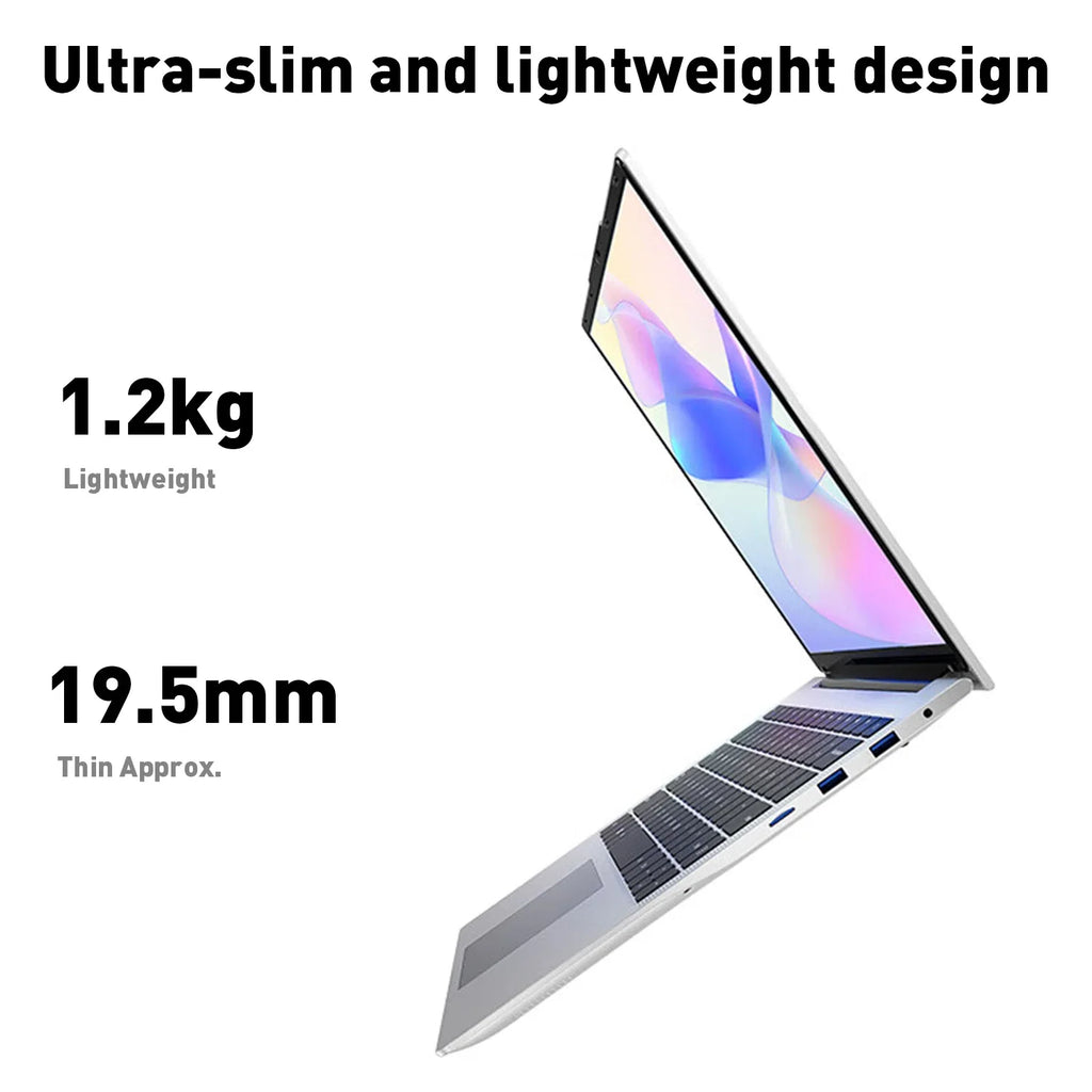 Ultra-slim silver 14.1-inch laptop, weighing 1.2kg and 19.5mm thin, shown from a side angle.