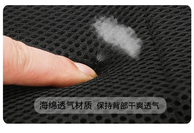 Close-up of a finger pressing into the soft, breathable black mesh padding on the back of a men's sling bag.