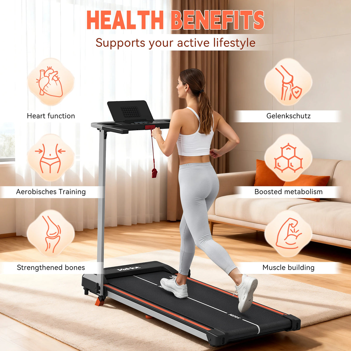 A woman in sportswear runs on a treadmill, surrounded by health benefits icons.