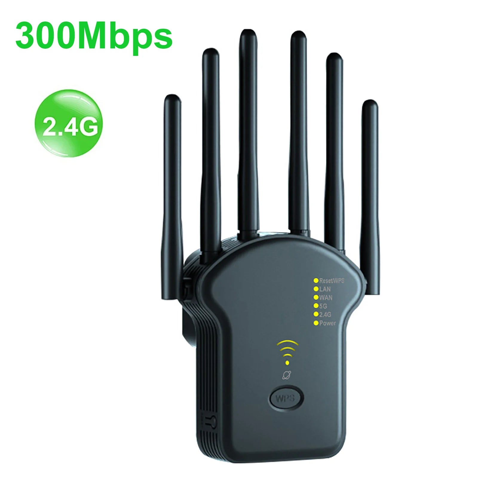 Black WiFi range extender with four external antennas, LED status lights, and a central WPS button.