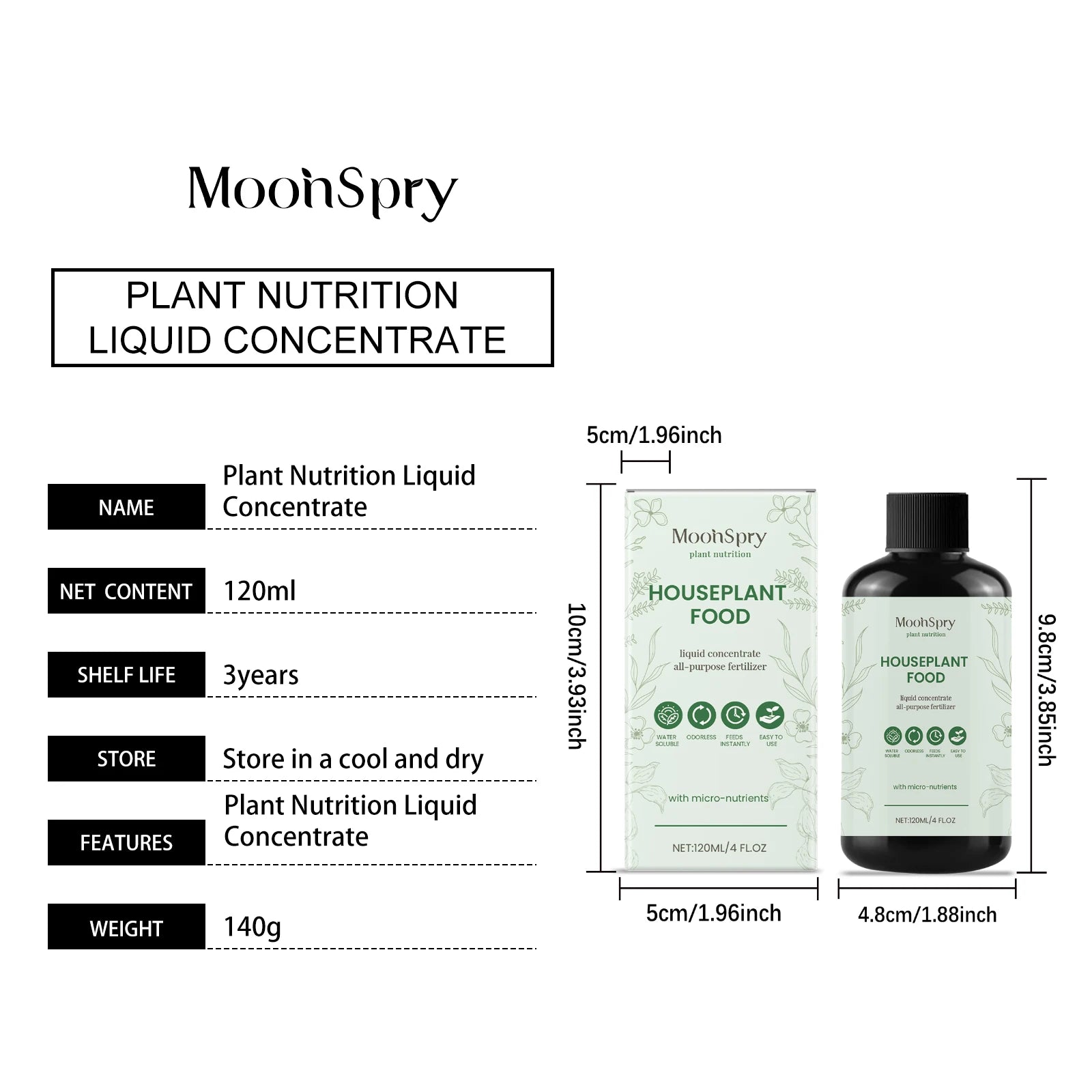 120ml bottle and box of all-purpose liquid plant food concentrate with a light green, botanical-themed label.