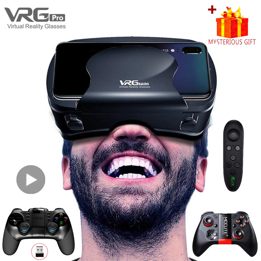 Black VRG Pro VR headset worn by smiling man, with smartphone inserted, remote control, and two game controllers.