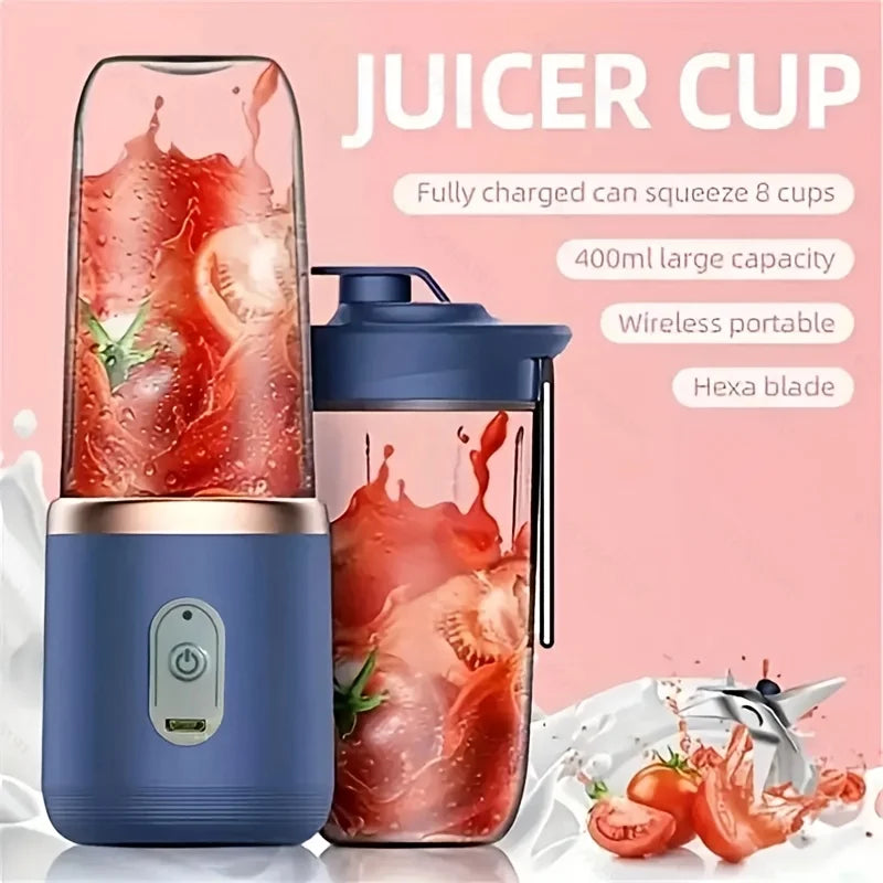 Portable 400ml blue juicer cup with a sleek design, wireless charging, and six stainless steel blades.