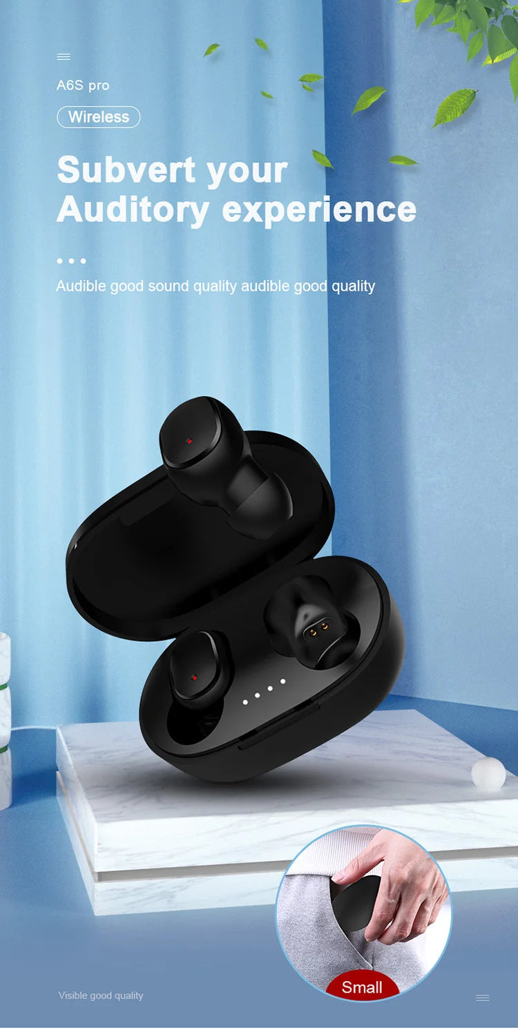 Black wireless earbuds in a matching compact charging case, shown against a blue background with an inset hand view.