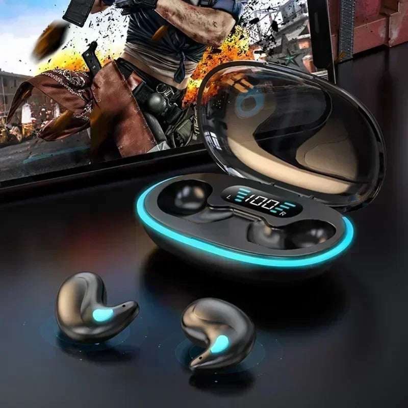 Black wireless earbuds with glowing blue accents and a charging case featuring a digital battery display.
