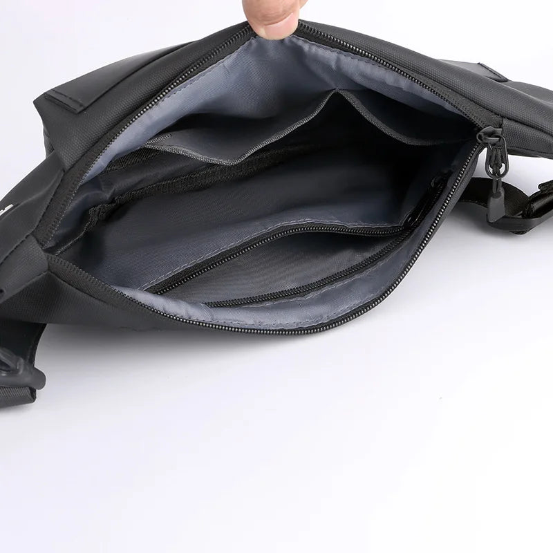 Open black anti-theft crossbody sling bag with multiple internal zip and slip pockets, shown on a white background.