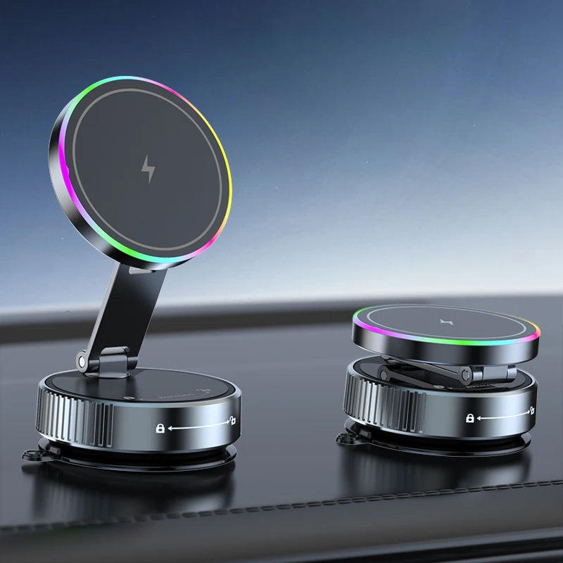 Two dark grey magnetic phone car mounts with foldable arms and vibrant circular RGB lighting on a flat surface.