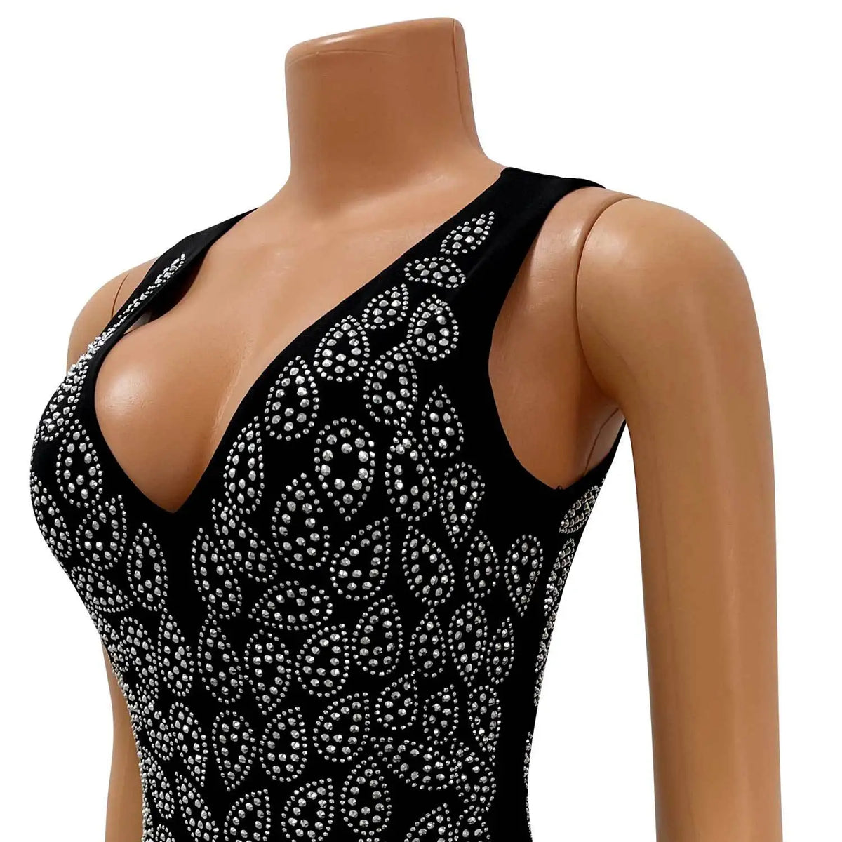 Black sleeveless maxi dress with a deep V-neck and dense rhinestone embellishments in leaf-like patterns.