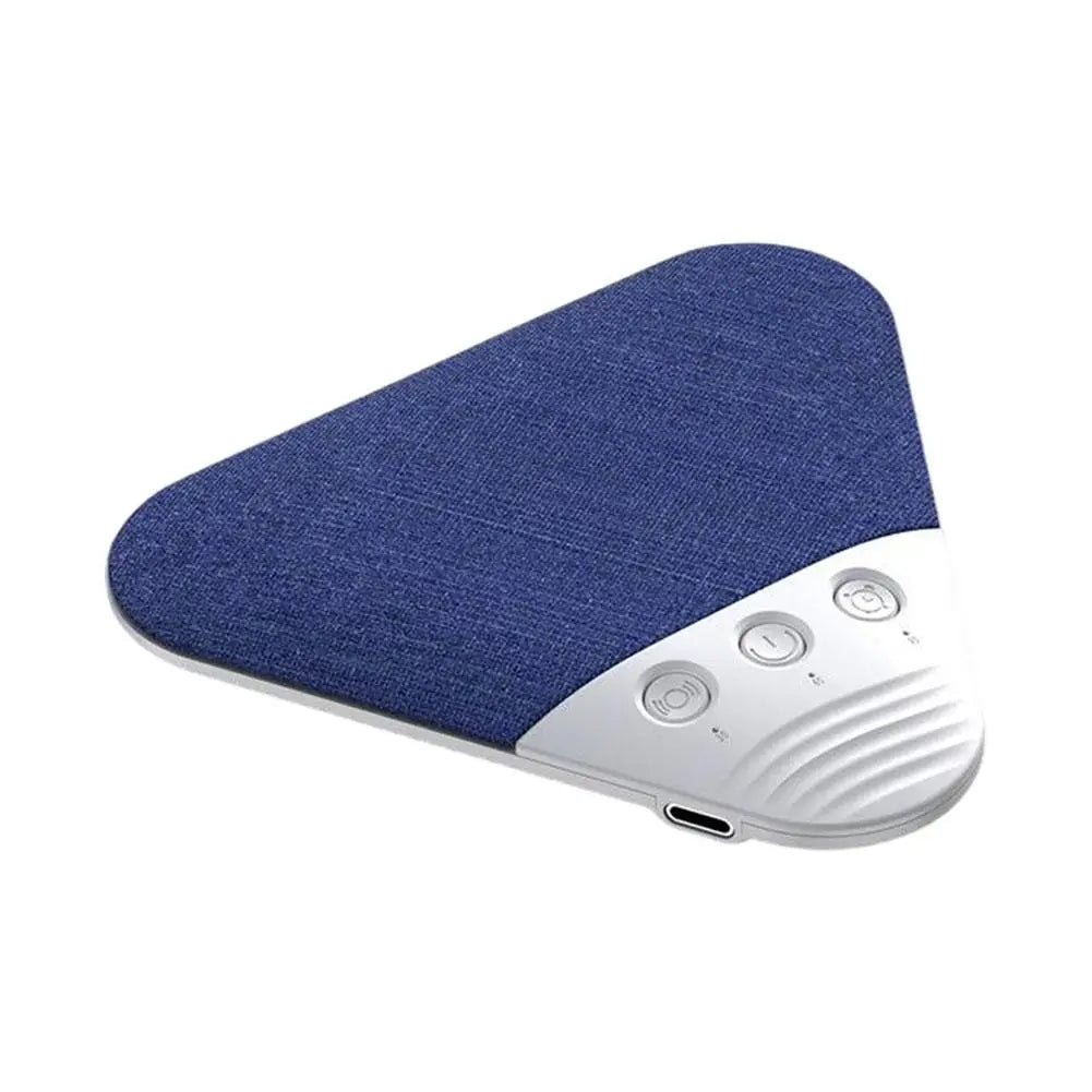 A triangular navy blue fabric-covered Bluetooth sleep speaker with white control buttons and a USB-C charging port.