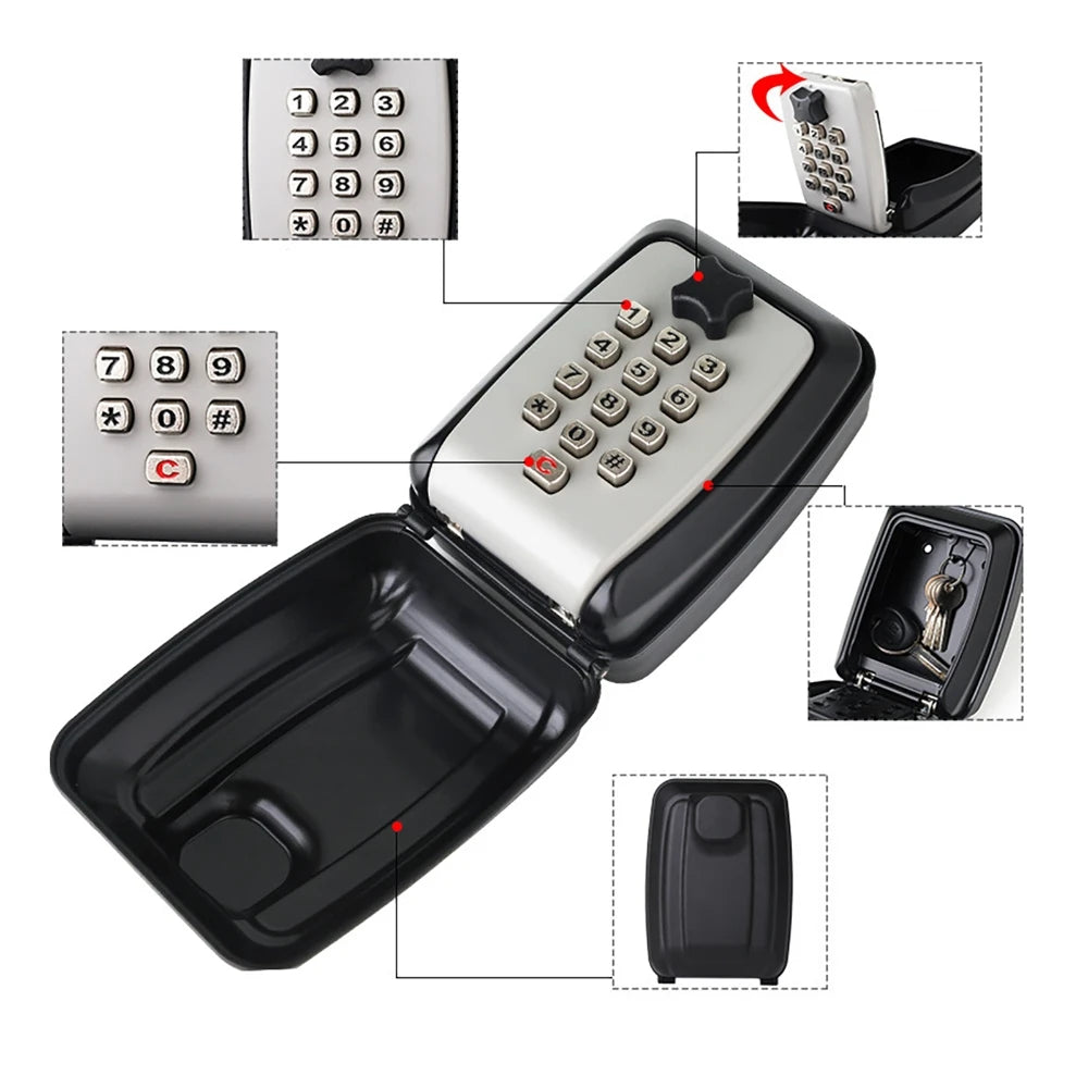 Black metal wall-mounted key lock box with grey push-button keypad and protective cover.
