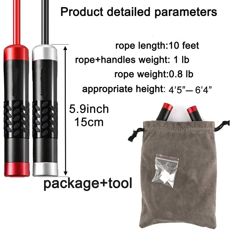 Red and silver weighted jump rope handles with black grips, storage bag, and specs.